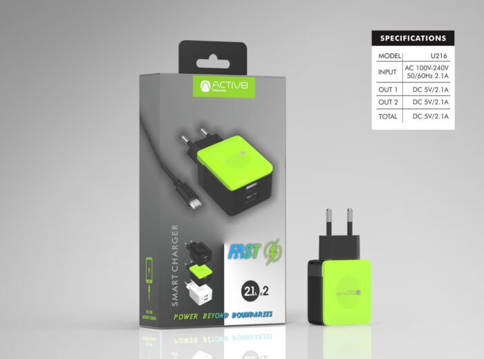 Active 2.1A 2 USB Smart Charger Type-B 1